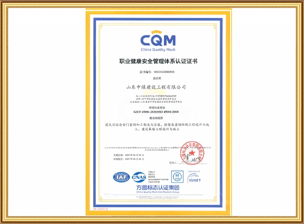 职业康健清静治理系统认证证书